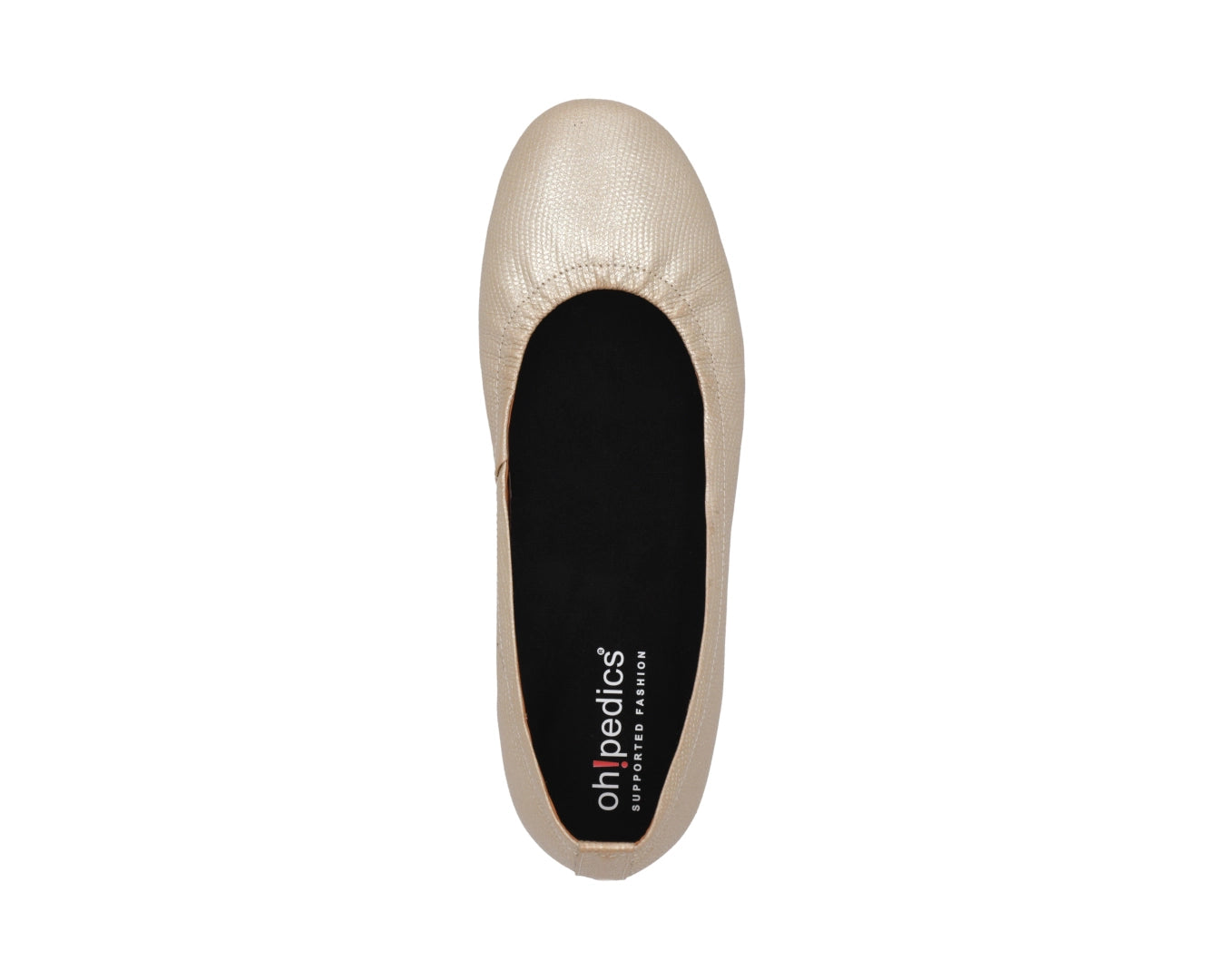 Top view of gold wild-embossed full grain leather ballet flats with a semi-round toe and removable BLACK FlexiComfort orthotic for flat feet.