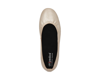 Top view of gold wild-embossed full grain leather ballet flats with a semi-round toe and removable BLACK FlexiComfort orthotic for flat feet.