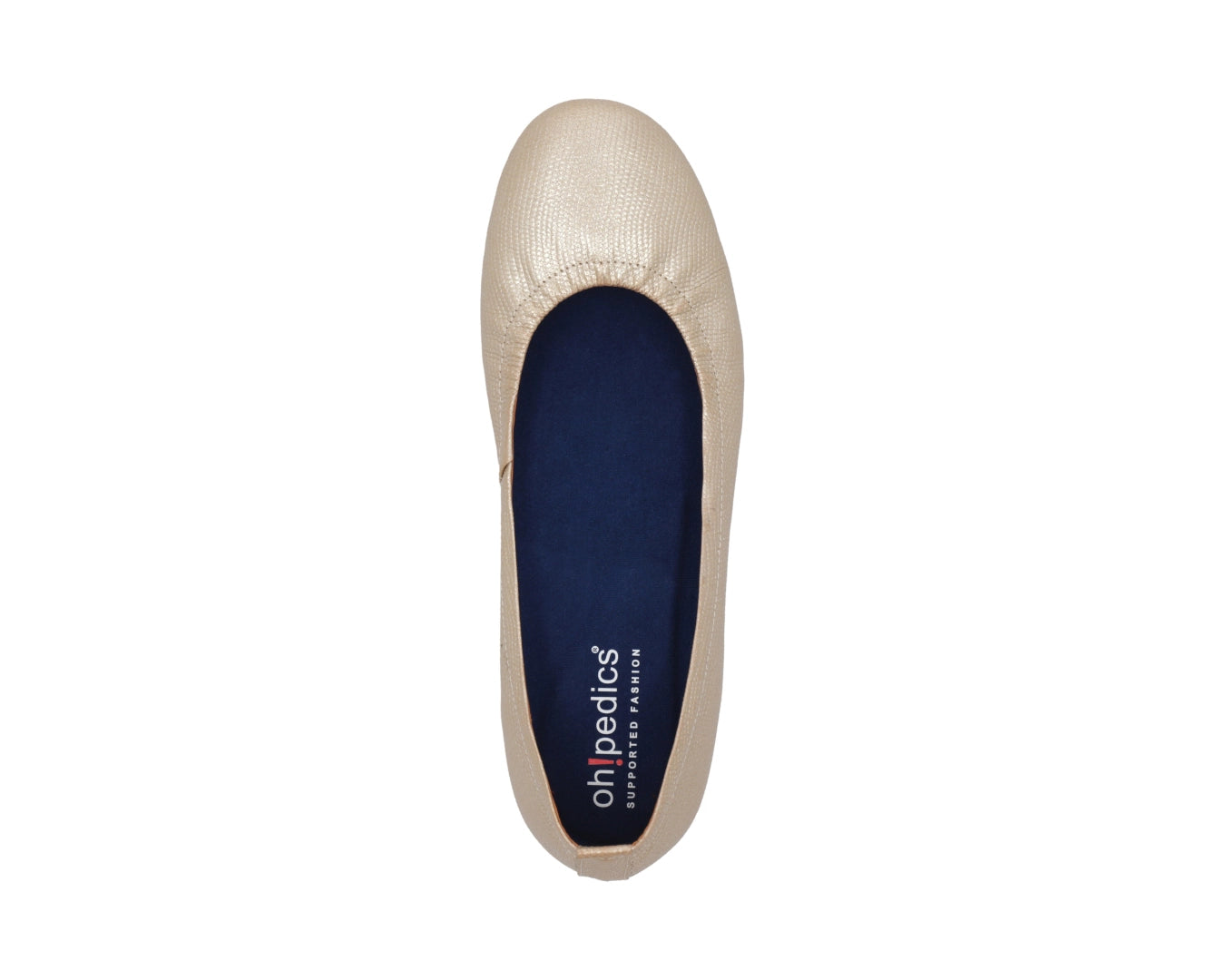 Top view of gold wild-embossed full grain leather ballet flats with a semi-round toe and BLUE ComfortFlex orthotic for feet without problems.
