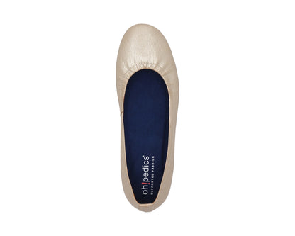 Top view of gold wild-embossed full grain leather ballet flats with a semi-round toe and BLUE ComfortFlex orthotic for feet without problems.