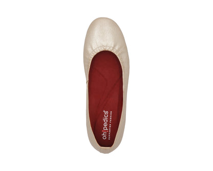 Top view of gold wild-embossed full grain leather ballet flats with a semi-round toe and RED ArchSupport orthotic for flat feet, calcaneal spurs, and plantar fasciitis.
