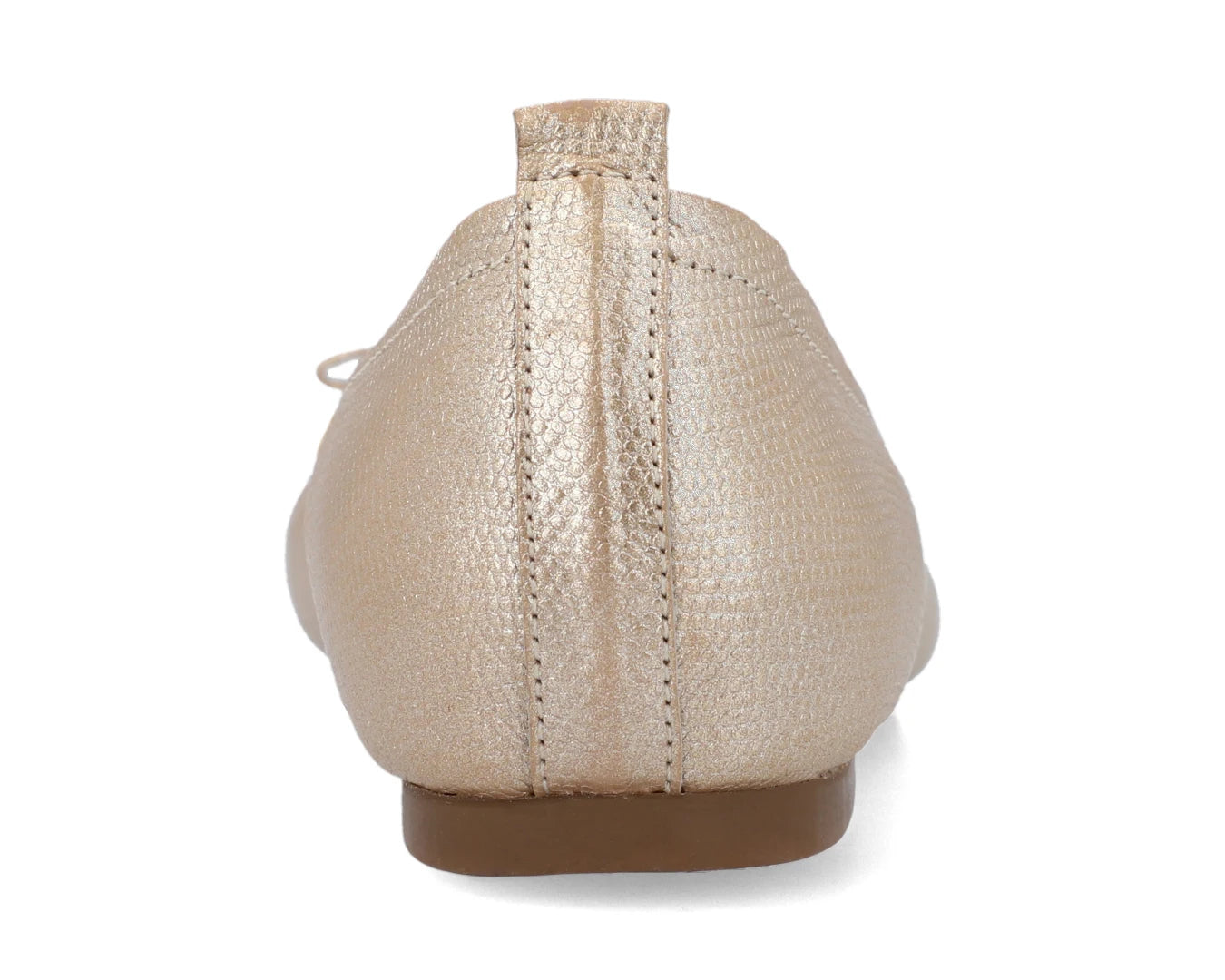 Back view of gold wild-embossed full-grain leather ballet flats with an elegant bow and gold tips showing the leather texture.