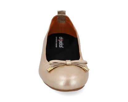 Front view of gold wild-embossed full-grain leather ballet flats with an elegant bow and gold tips, featuring a removable Black FlexiComfort orthotic for flat feet.