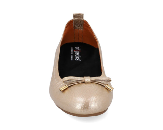 Front view of gold wild-embossed full-grain leather ballet flats with an elegant bow and gold tips, featuring a removable Black FlexiComfort orthotic for flat feet.