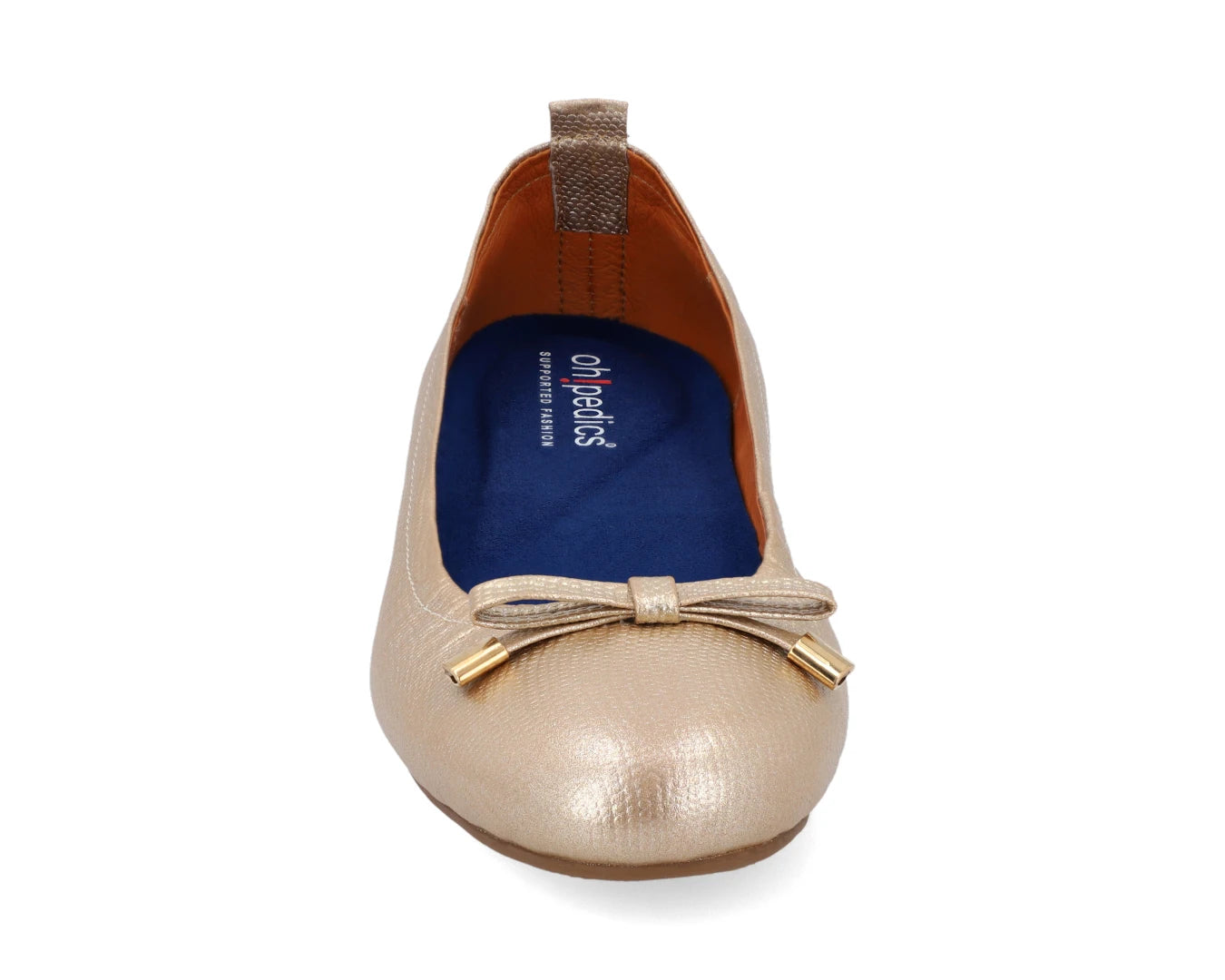 Front view of gold wild-embossed full-grain leather ballet flats with an elegant bow and gold tips featuring a removable   BLUE ComfortFlex orthotic for feet without problems.
