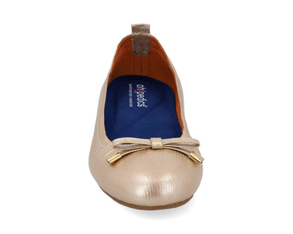 Front view of gold wild-embossed full-grain leather ballet flats with an elegant bow and gold tips featuring a removable   BLUE ComfortFlex orthotic for feet without problems.