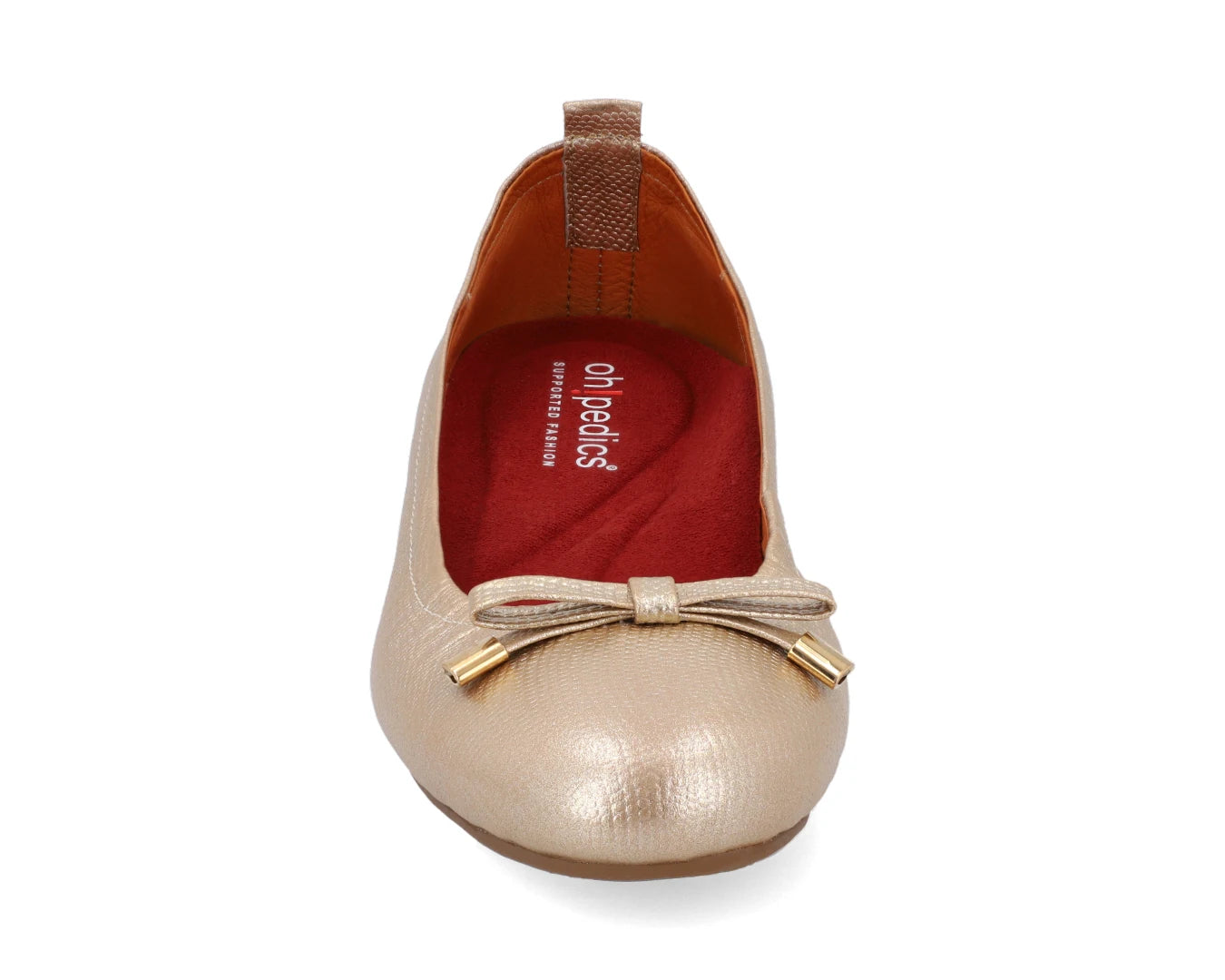 Front view of gold wild-embossed full-grain leather ballet flats with an elegant bow and gold tips featuring a removable RED Arch Support orthotic for flat feet, calcaneal spurs, and plantar fasciitis.