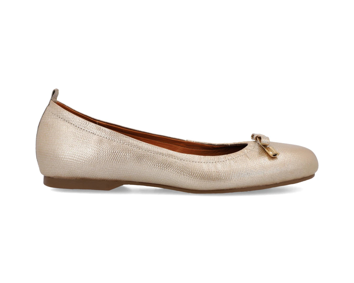 Gold wild-embossed full-grain leather ballet flats with an elegant bow and gold tips showcasing a semi-round toe.