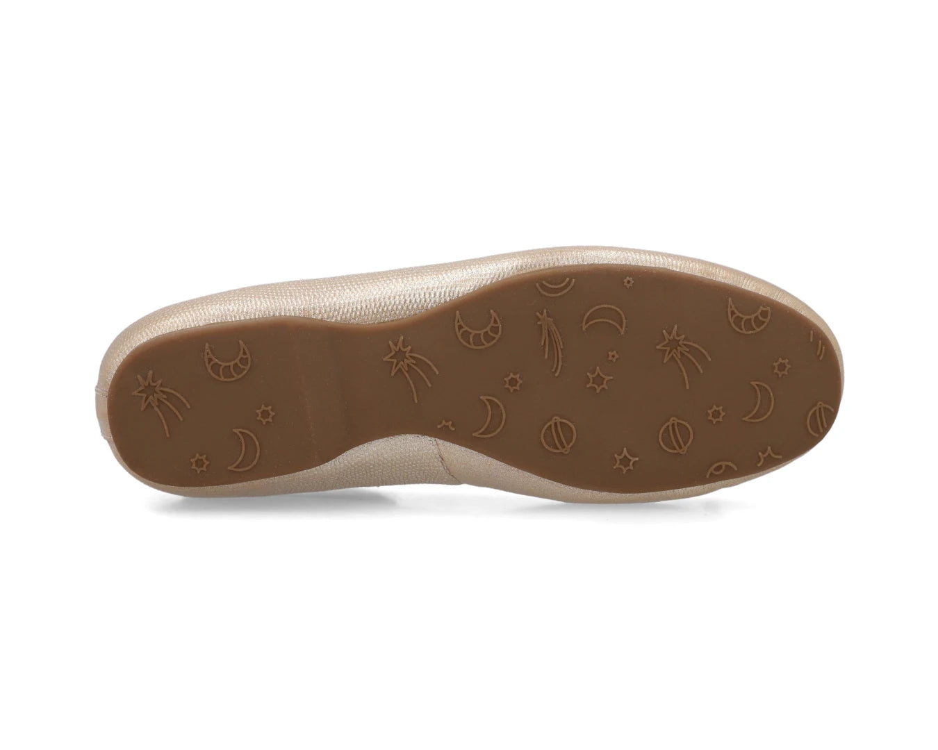 Sole view of gold wild-embossed full-grain leather ballet flats with an elegant bow and gold tips showing the one-piece rubber sole.