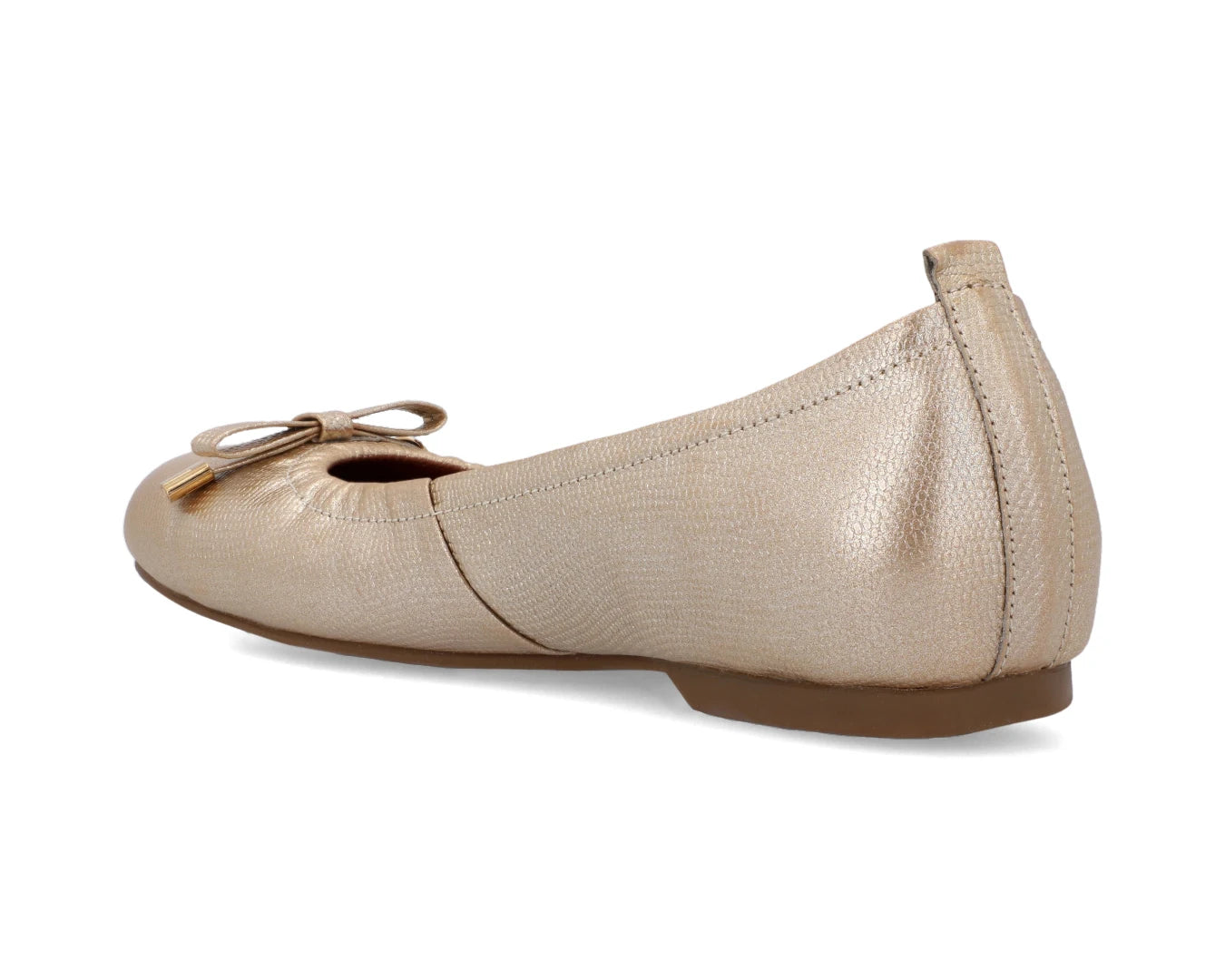 Three-quarter back view of gold wild-embossed full-grain leather ballet flats with an elegant bow and gold tips with a semi-round toe.