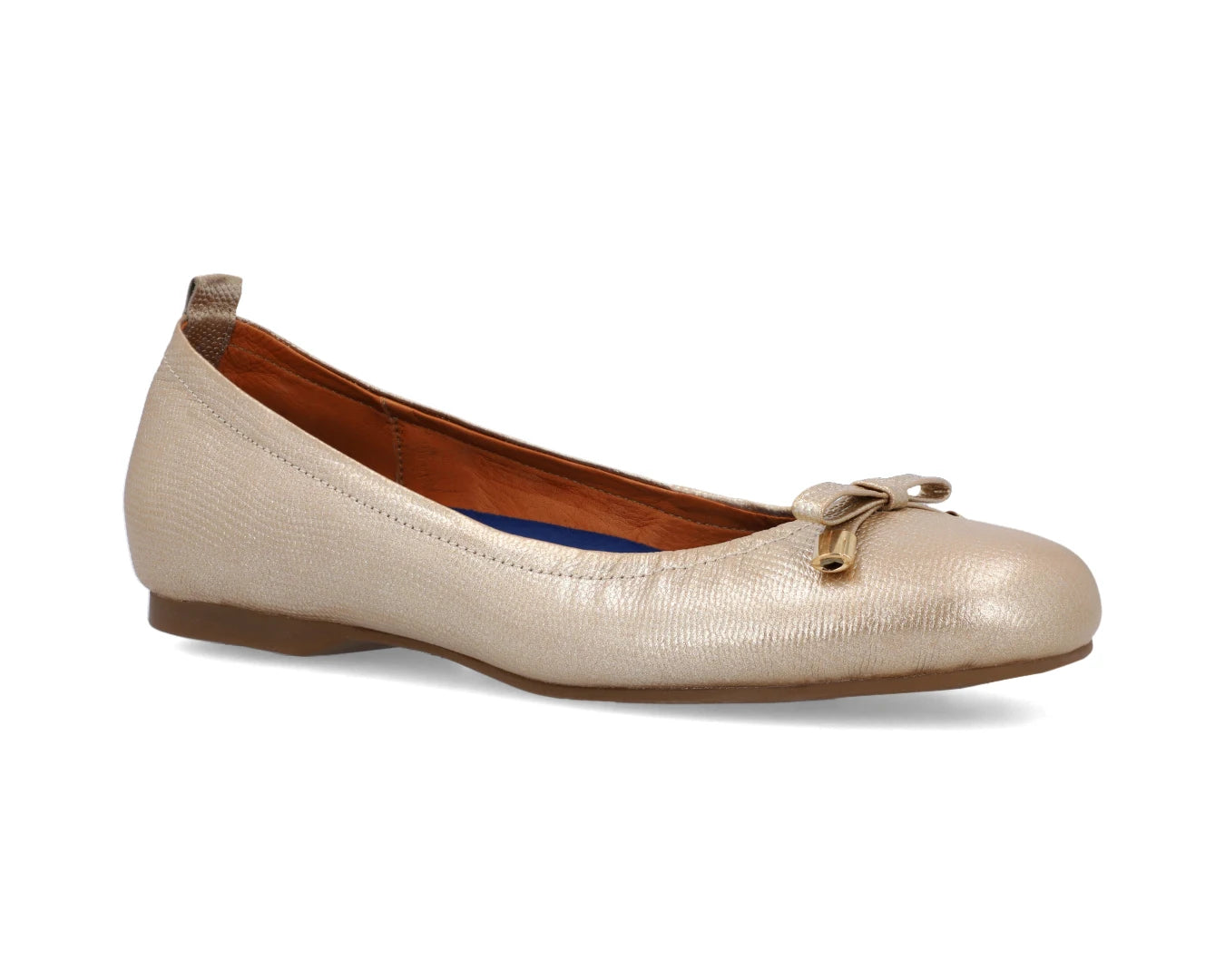Three-quarter front view of gold wild-embossed full grain leather ballet flats with an elegant bow and gold tips featuring a semi-round toe and removable BLUE ComfortFlex orthotic for feet without problems.