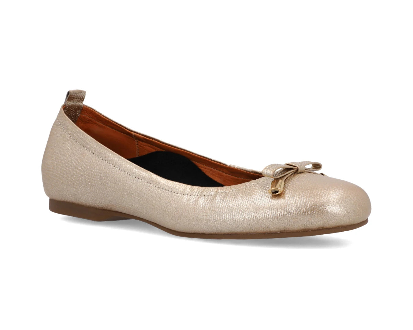 Three-quarter front view of gold wild-embossed full grain leather ballet flats  with an elegant bow and gold tips and a semi-round toe and removable BLACK FlexiComfort orthotic for flat feet.