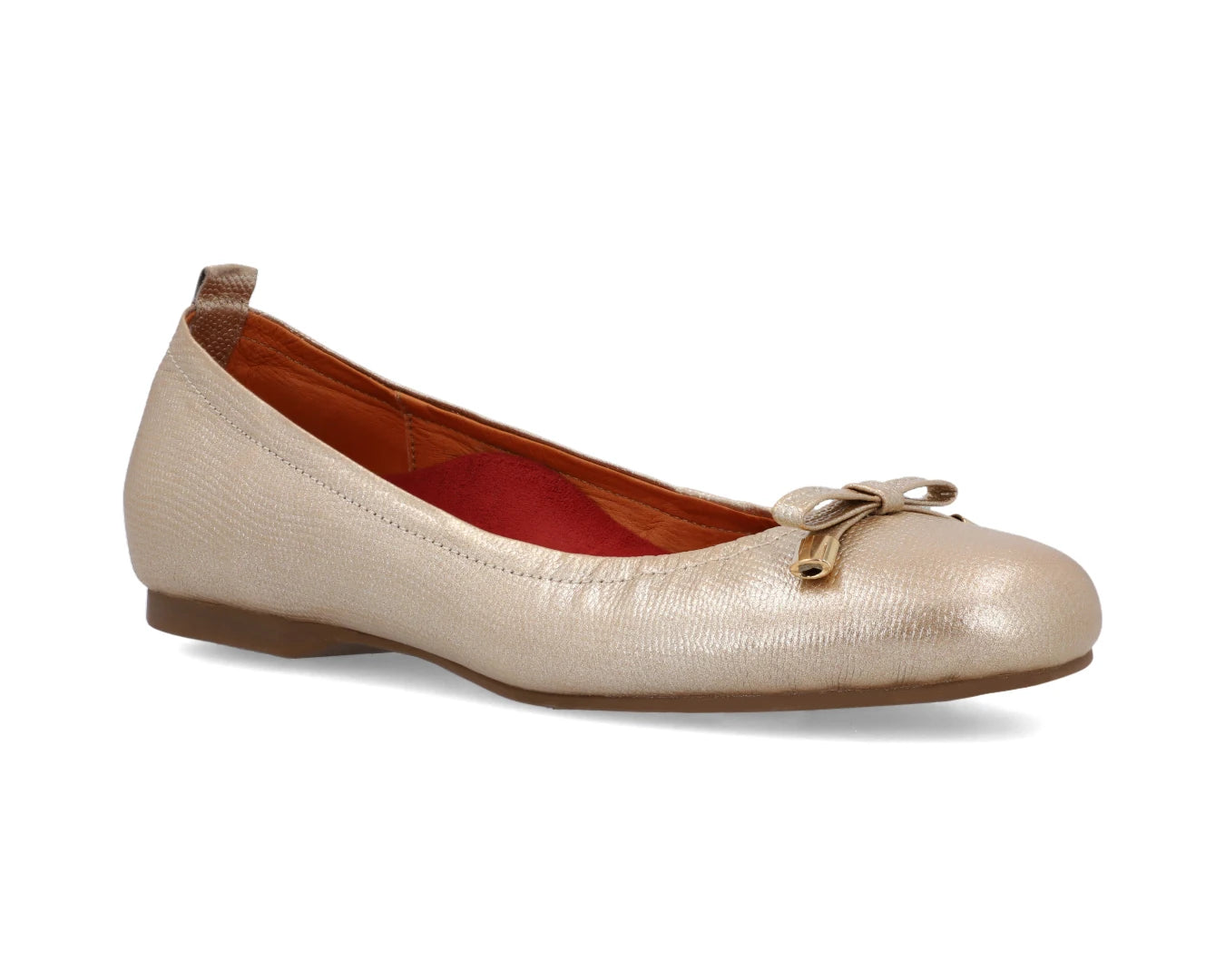 Three-quarter front view of gold wild-embossed full grain leather ballet flats  with an elegant bow and gold tips featuring a semi-round toe and removable RED ArchSupport orthotic for flat feet, calcaneal spurs, and plantar fasciitis.