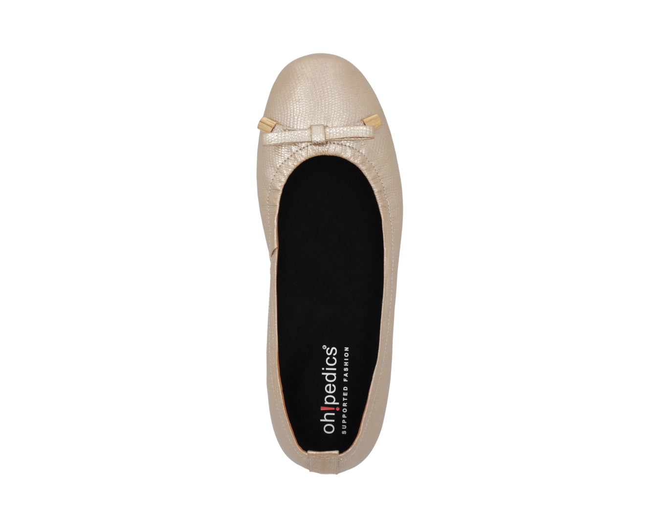 Top view of gold wild-embossed full-grain leather ballet flats with an elegant bow and gold tips with a semi-round toe and removable BLACK FlexiComfort orthotic for flat feet.