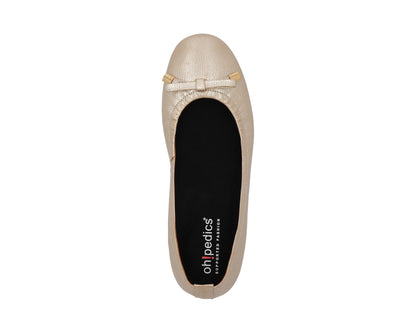 Top view of gold wild-embossed full-grain leather ballet flats with an elegant bow and gold tips with a semi-round toe and removable BLACK FlexiComfort orthotic for flat feet.