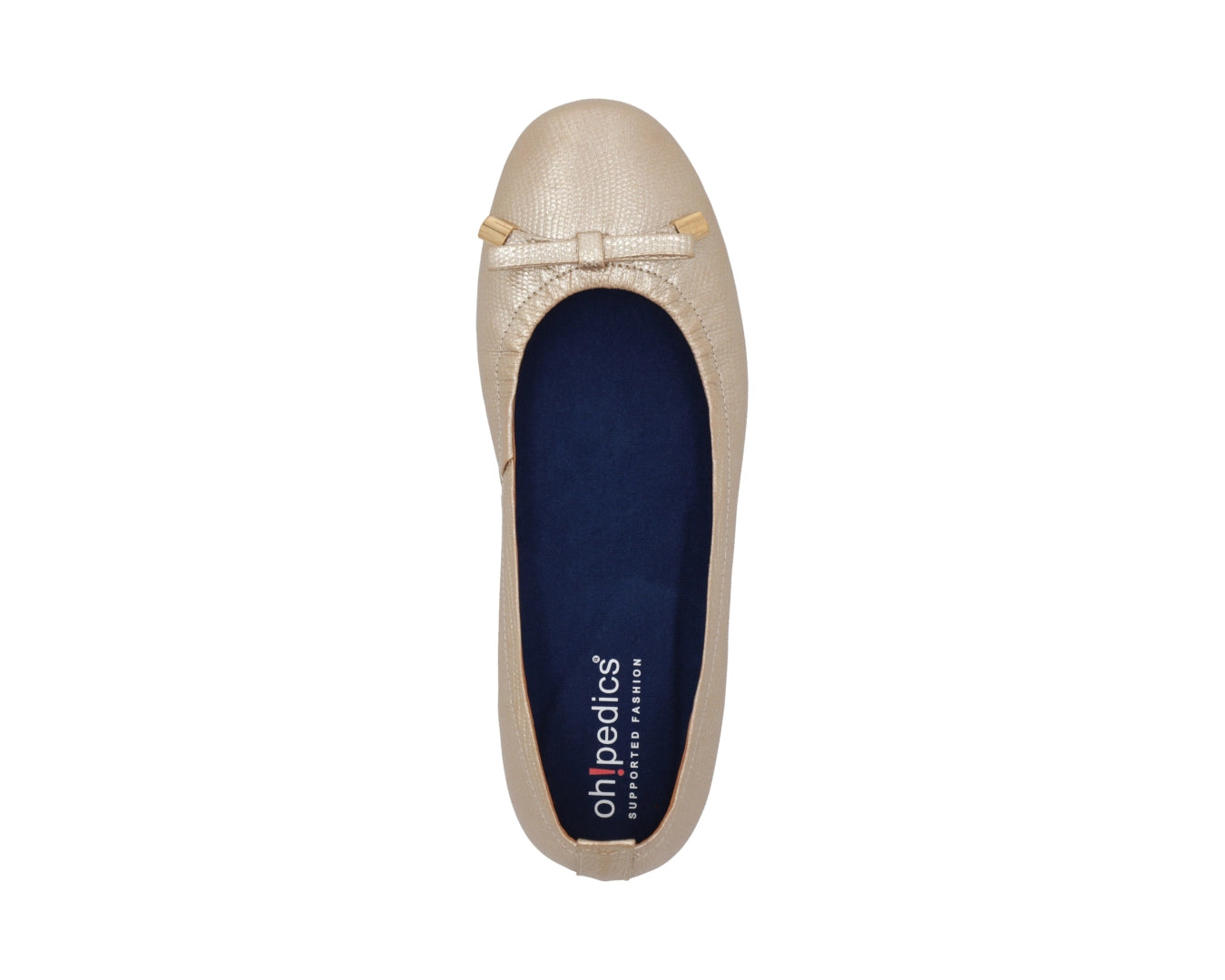 Top view of gold wild-embossed full-grain leather ballet flats with an elegant bow and gold tips, with a semi-round toe and BLUE ComfortFlex orthotic for feet without problems.