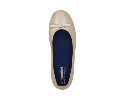 Top view of gold wild-embossed full-grain leather ballet flats with an elegant bow and gold tips, with a semi-round toe and BLUE ComfortFlex orthotic for feet without problems.