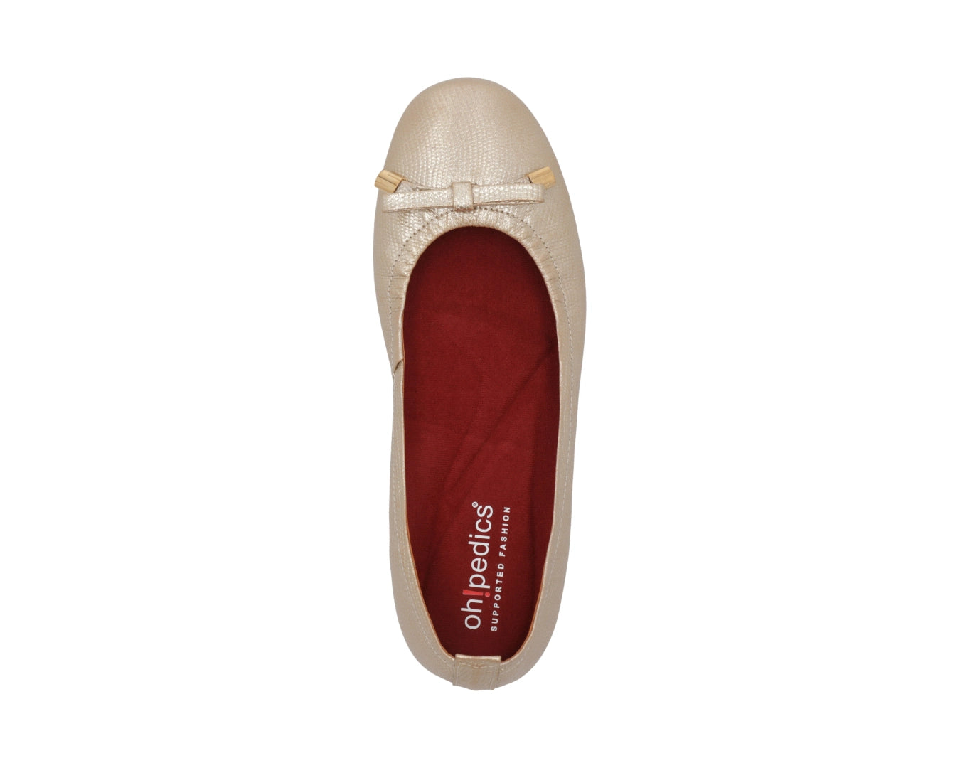 Top view of gold wild-embossed full-grain leather ballet flats with an elegant bow and gold tips, with a semi-round toe featuring RED ArchSupport orthotic for flat feet, calcaneal spurs, and plantar fasciitis.