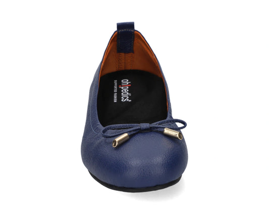 Front view of Navy Full-Grain Leather Ballet Flats with a semi-round toe and BLACK FlexiComfort orthotic for flat feet and 24k-gold-plated-bows.