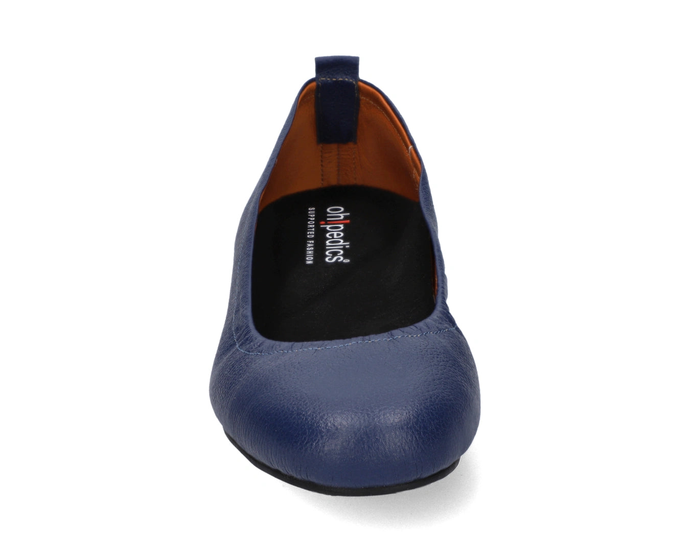 Front view of Navy Full-Grain Leather Ballet Flats with a semi-round toe and BLACK FlexiComfort orthotic for flat feet.