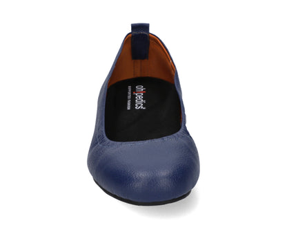 Front view of Navy Full-Grain Leather Ballet Flats with a semi-round toe and BLACK FlexiComfort orthotic for flat feet.
