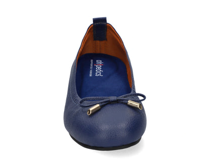 Front view of navy full-grain leather ballet flats with a semi-round toe and BLUE ComfortFlex orthotic for feet without problems and 24k-gold-plated-bows.