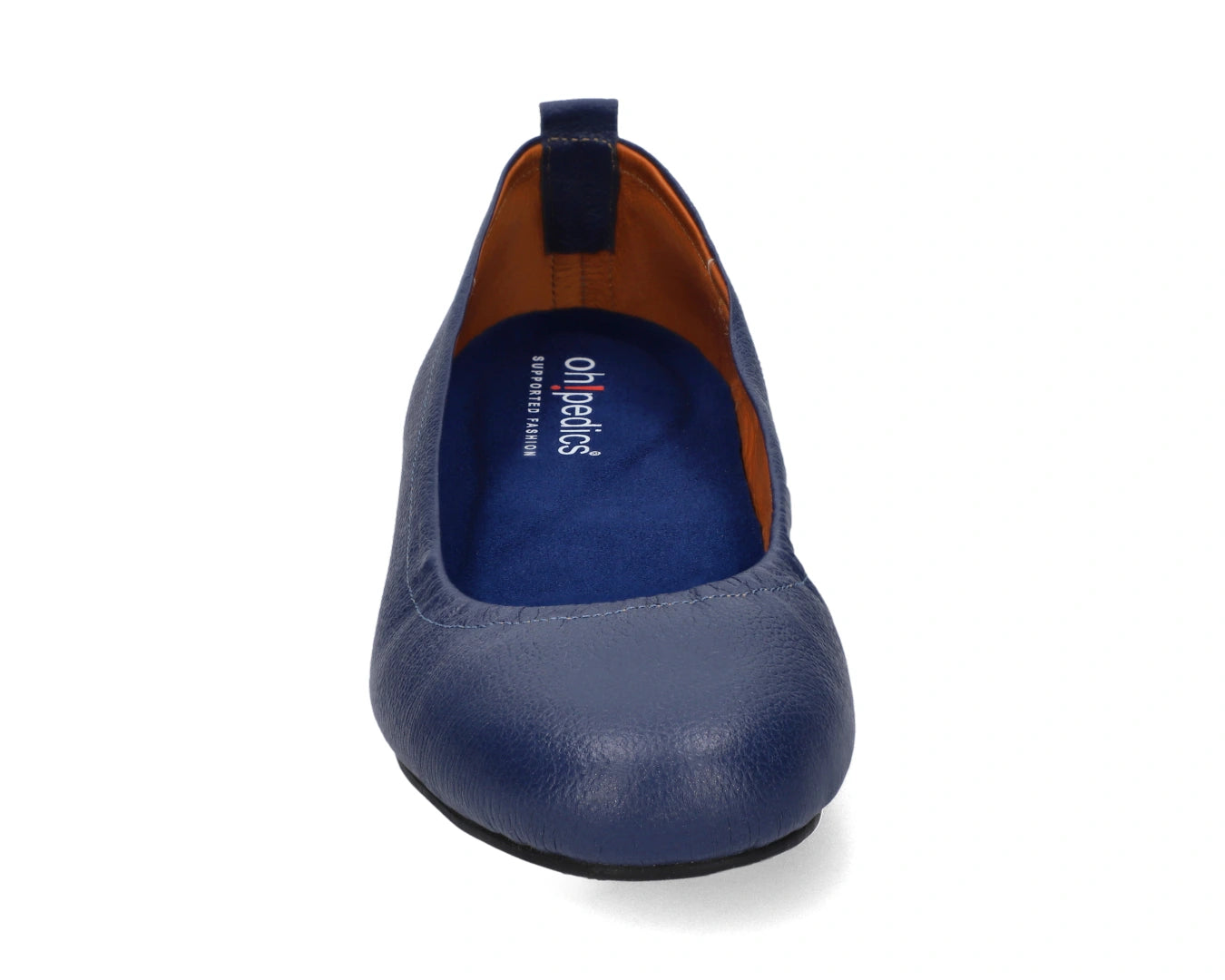 Front view of navy full-grain leather ballet flats with a semi-round toe and BLUE ComfortFlex orthotic for feet without problems.