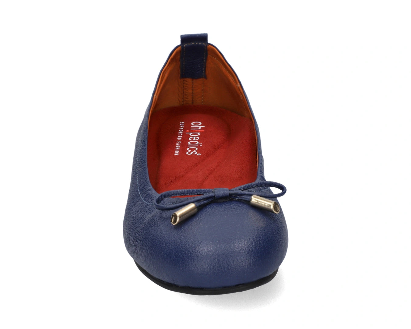 Front view of navy full-grain leather ballet flats with a semi-round toe and RED Arch Support orthotic for flat feet, calcaneal spurs, and plantar fasciitis and 24k-gold-plated-bows.