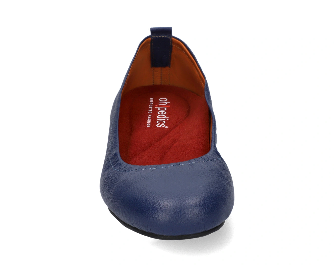 Front view of navy full-grain leather ballet flats with a semi-round toe and RED Arch Support orthotic for flat feet, calcaneal spurs, and plantar fasciitis.