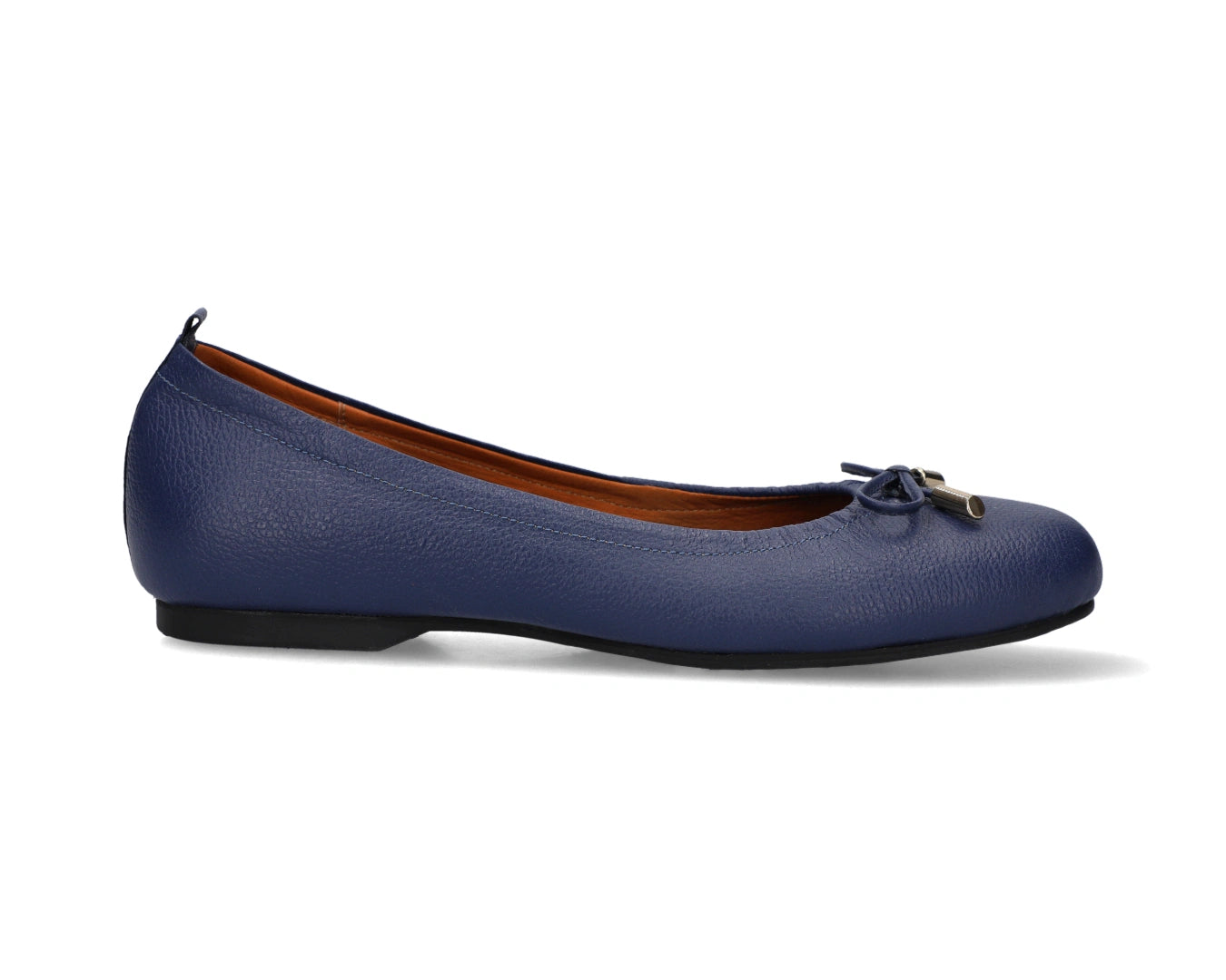 Side view of navy full-grain leather ballet flats showcasing a semi-round toe and 24k-gold-plated-bows.