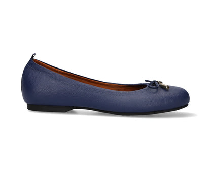 Side view of navy full-grain leather ballet flats showcasing a semi-round toe and 24k-gold-plated-bows.