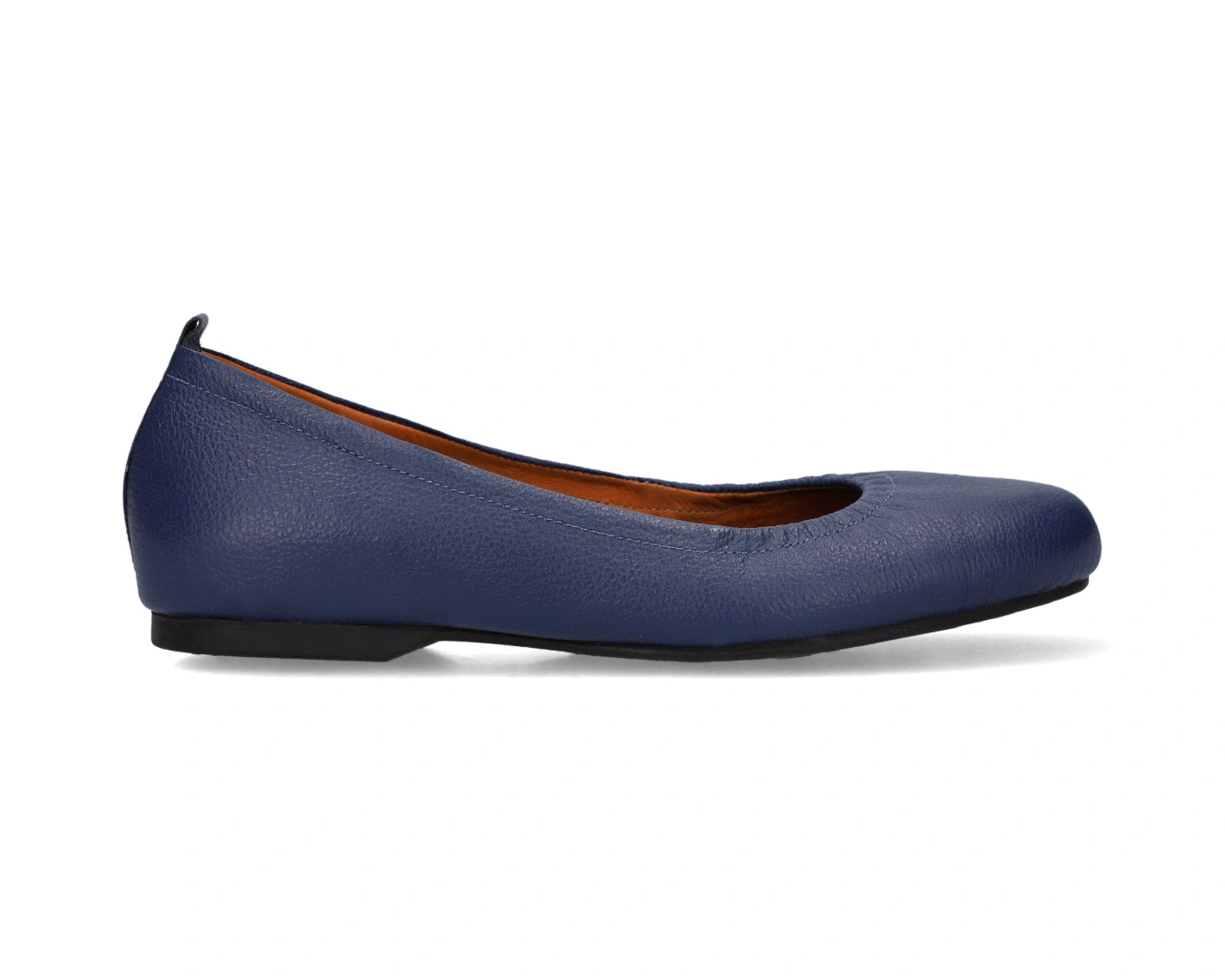 Side view of navy full-grain leather ballet flats showcasing a semi-round toe.
