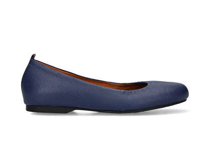 Side view of navy full-grain leather ballet flats showcasing a semi-round toe.