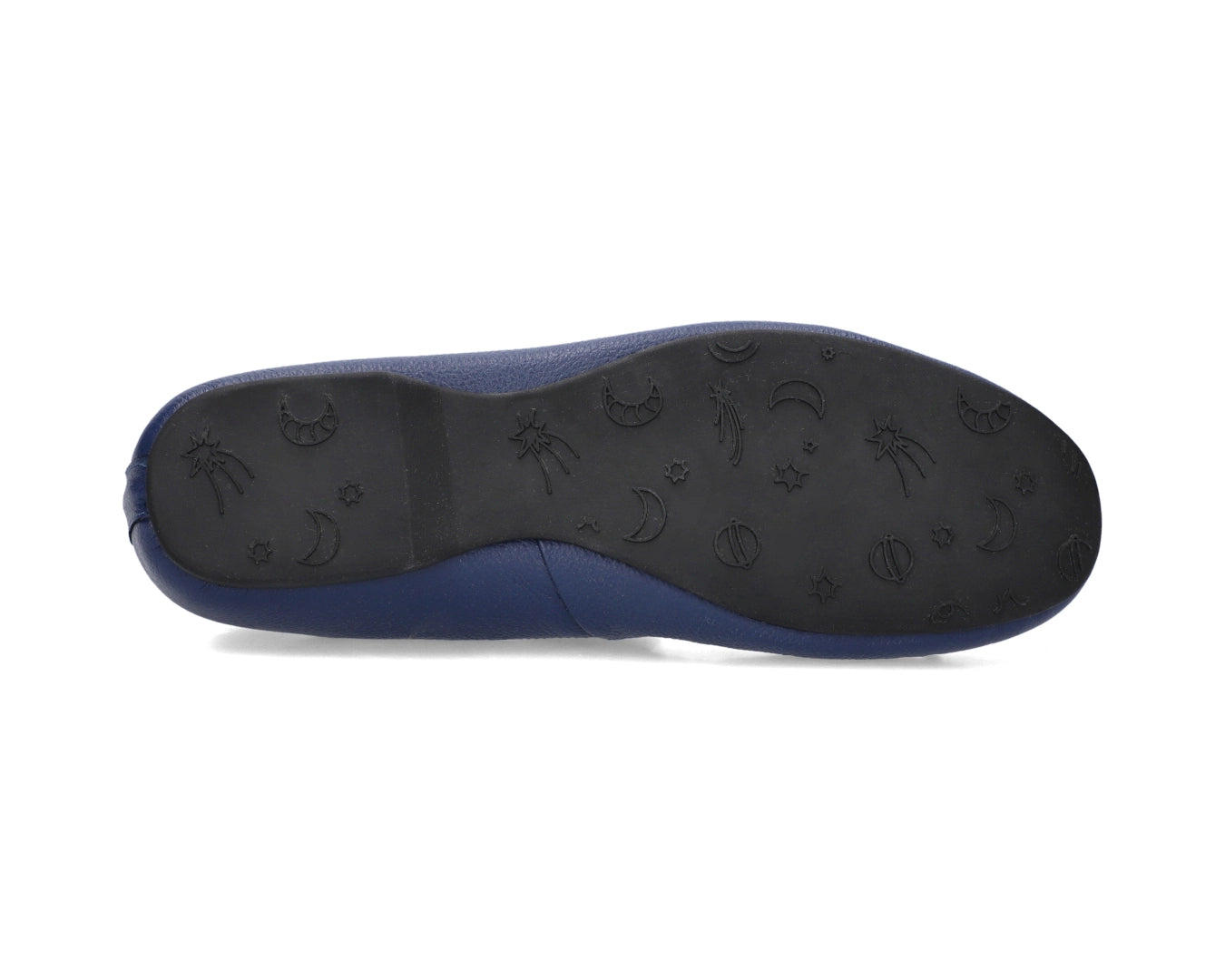 Sole view of navy full-grain leather ballet flats showing the one-piece rubber sole.