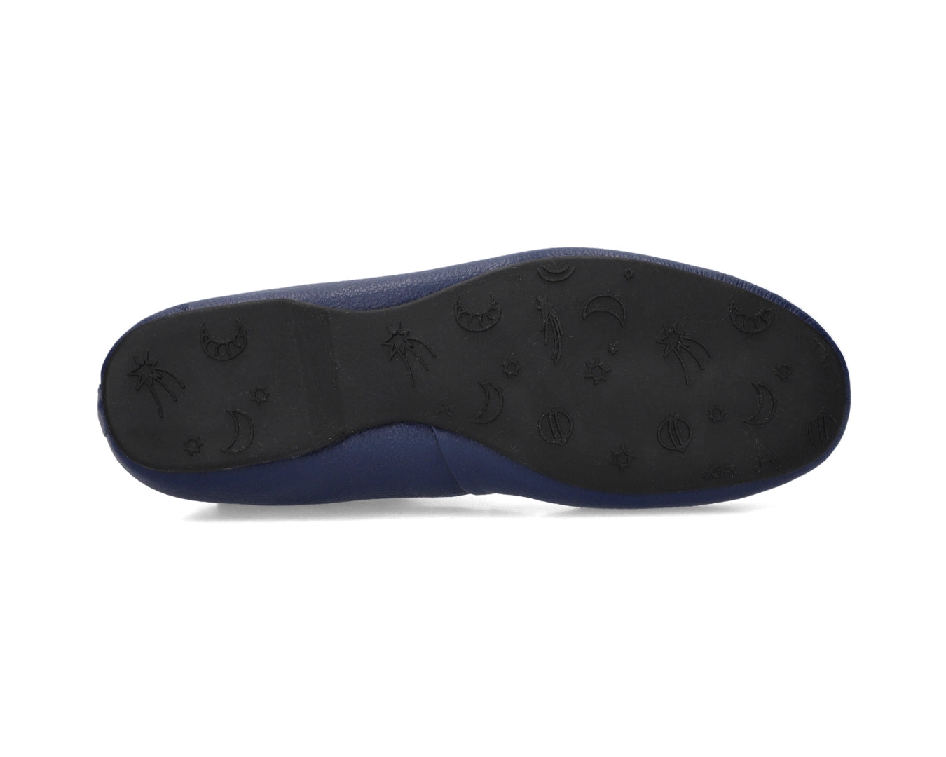 Sole view of navy full-grain leather ballet flats showing the one-piece rubber sole.