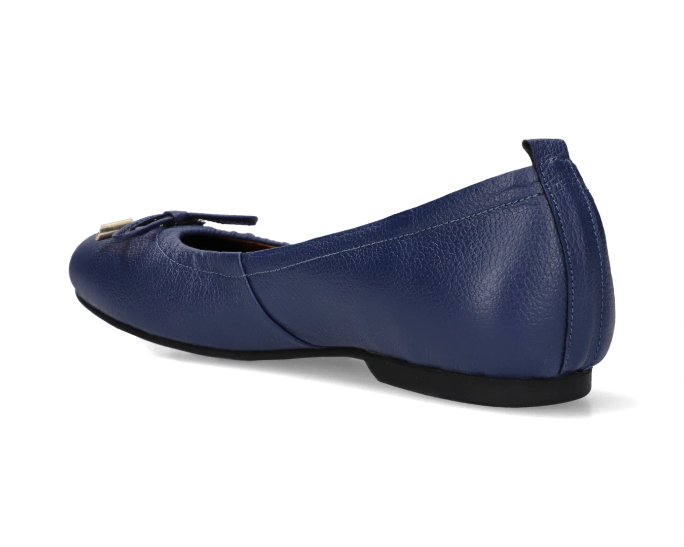 Three-quarter back view of navy full-grain leather ballet flats with a semi-round toe and 24k-gold-plated-bows.
