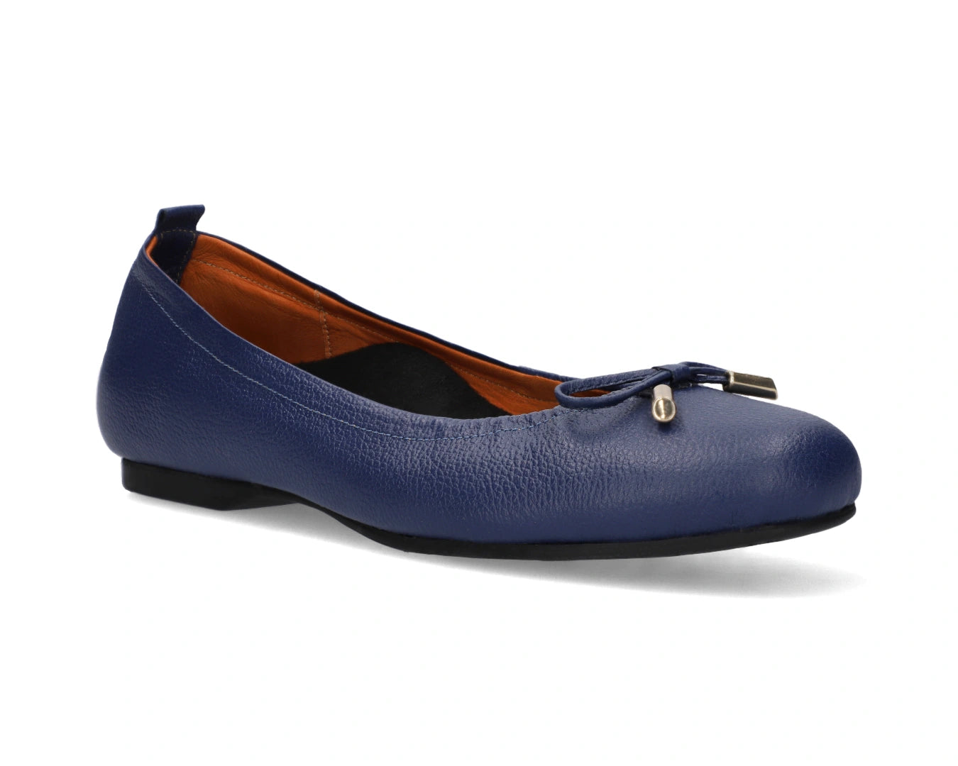 Three-quarter front view of navy full-grain leather ballet flats with a semi-round toe and removable BLACK FlexiComfort orthotic for flat feet and 24k-gold-plated-bows.