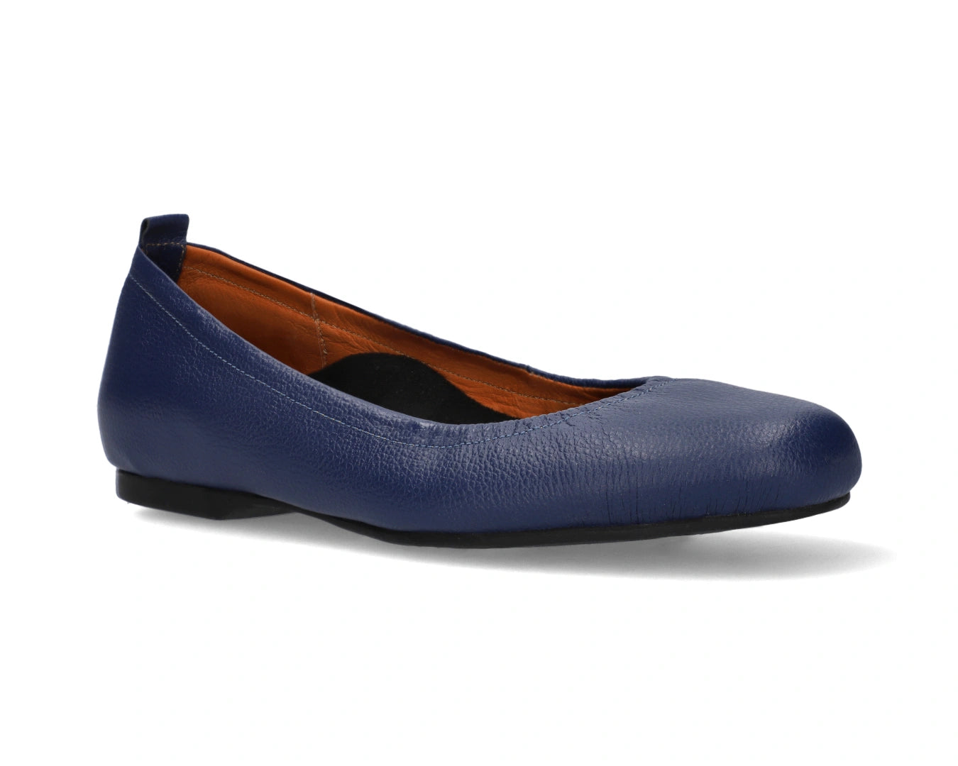 Three-quarter front view of navy full-grain leather ballet flats with a semi-round toe and removable BLACK FlexiComfort orthotic for flat feet.