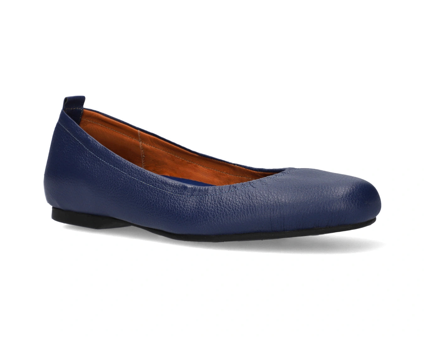 Three-quarter front view of navy full-grain leather ballet flats with a semi-round toe and removable BLUE ComfortFlex orthotic for feet without problems.