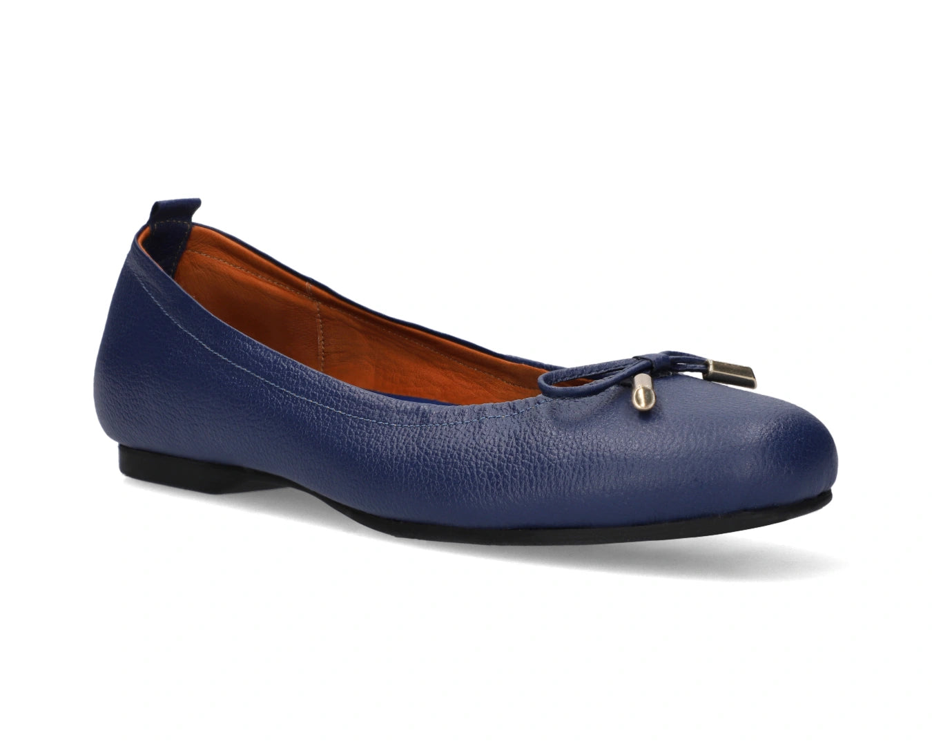 Three-quarter front view of navy full-grain leather ballet flats with a semi-round toe and removable BLUE ComfortFlex orthotic for feet without problems and 24k-gold-plated-bows.