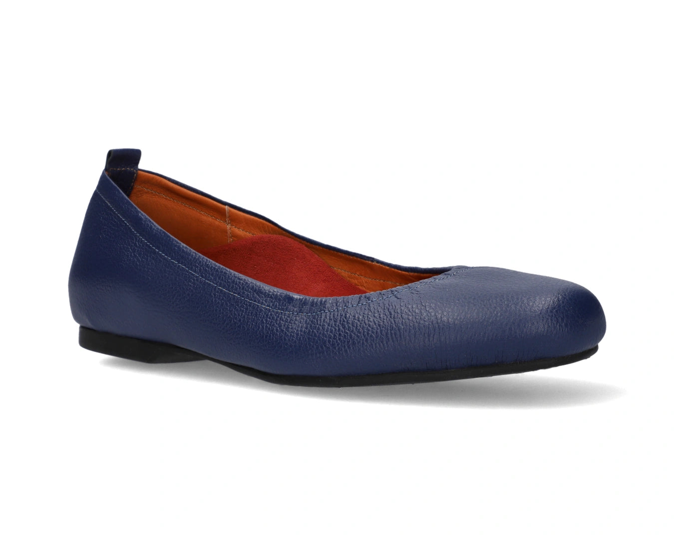 Three-quarter front view of navy full-grain leather ballet flats with a semi-round toe and removable RED ArchSupport orthotic for flat feet, calcaneal spurs, and plantar fasciitis.