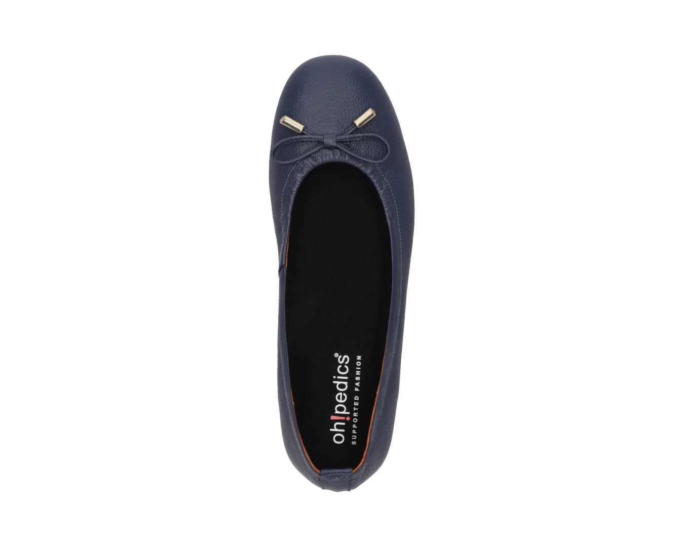 Top view of navy full-grain leather ballet flats with a semi-round toe featuring removable BLACK FlexiComfort orthotic for flat feet and 24k-gold-plated-bows.