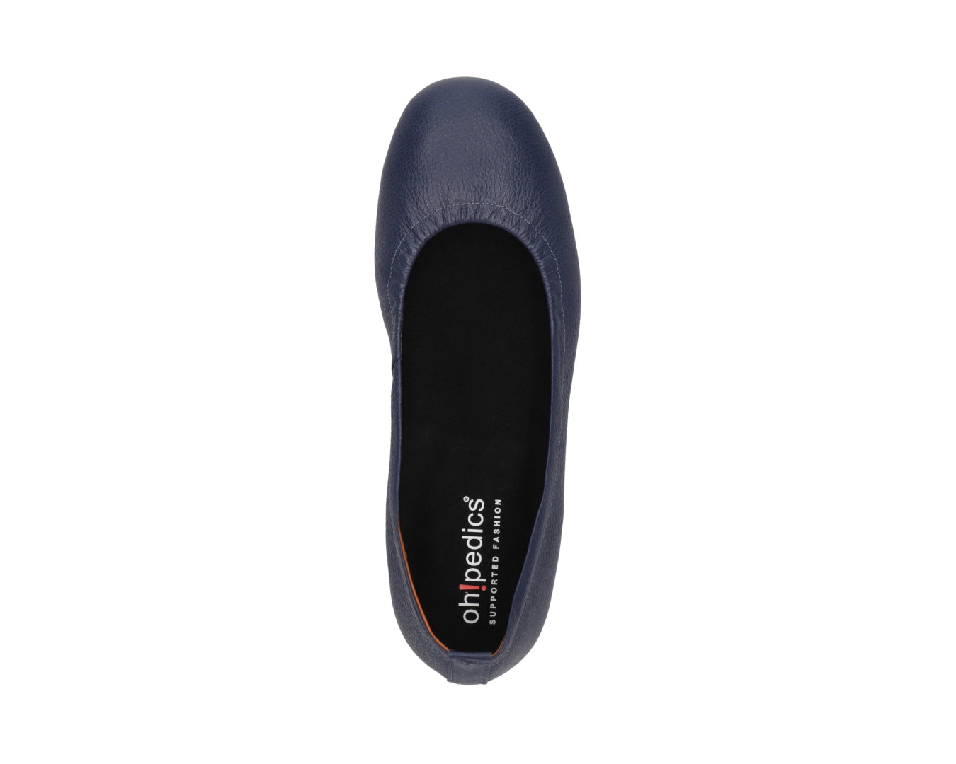 Top view of navy full-grain leather ballet flats with a semi-round toe and removable BLACK FlexiComfort orthotic for flat feet.