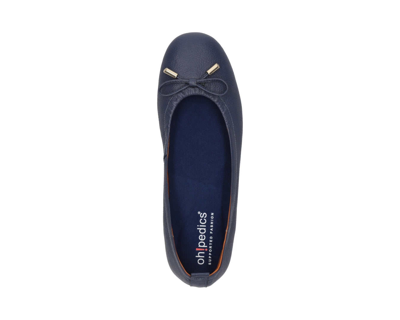 Top view of navy full-grain leather ballet flats with a semi-round toe and BLUE ComfortFlex orthotic for feet without problems and 24k-gold-plated-bows.