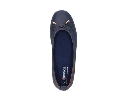 Top view of navy full-grain leather ballet flats with a semi-round toe and BLUE ComfortFlex orthotic for feet without problems and 24k-gold-plated-bows.