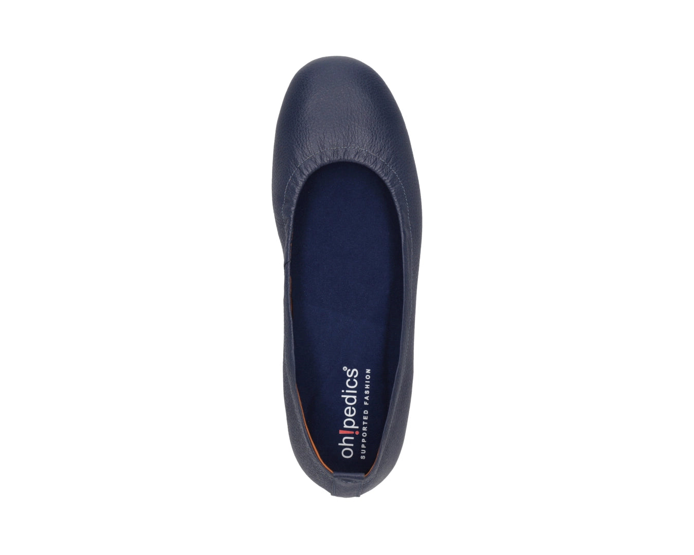 Top view of navy full-grain leather ballet flats with a semi-round toe and BLUE ComfortFlex orthotic for feet without problems.