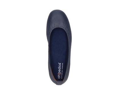 Top view of navy full-grain leather ballet flats with a semi-round toe and BLUE ComfortFlex orthotic for feet without problems.