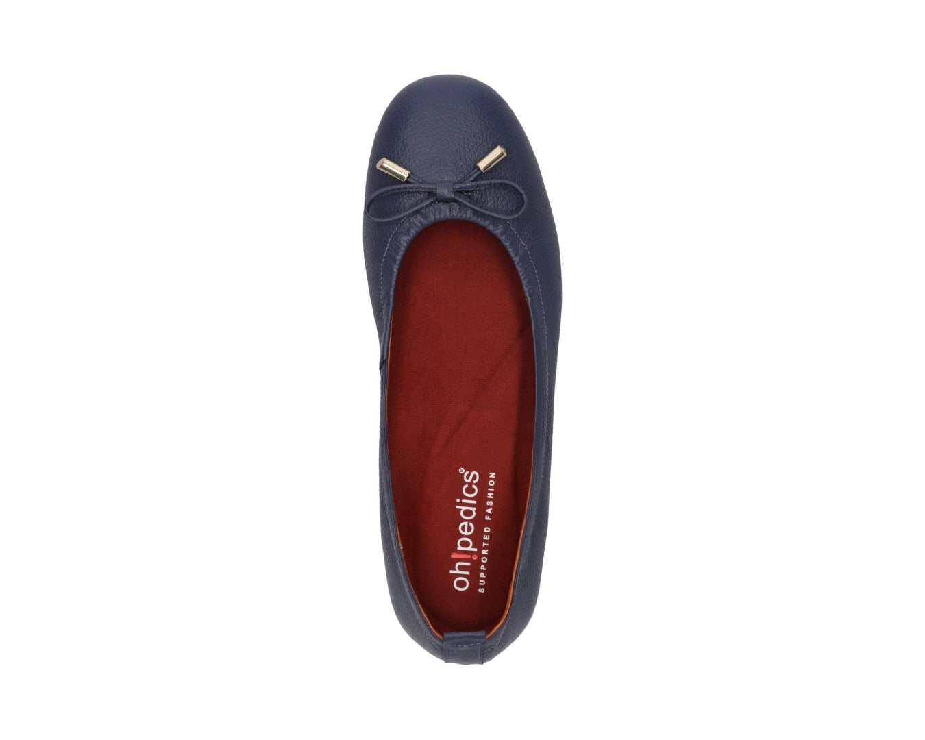 Top view of navy full-grain leather ballet flats with a semi-round toe featuring RED ArchSupport orthotic for flat feet, calcaneal spurs, and plantar fasciitis and 24k-gold-plated-bows.