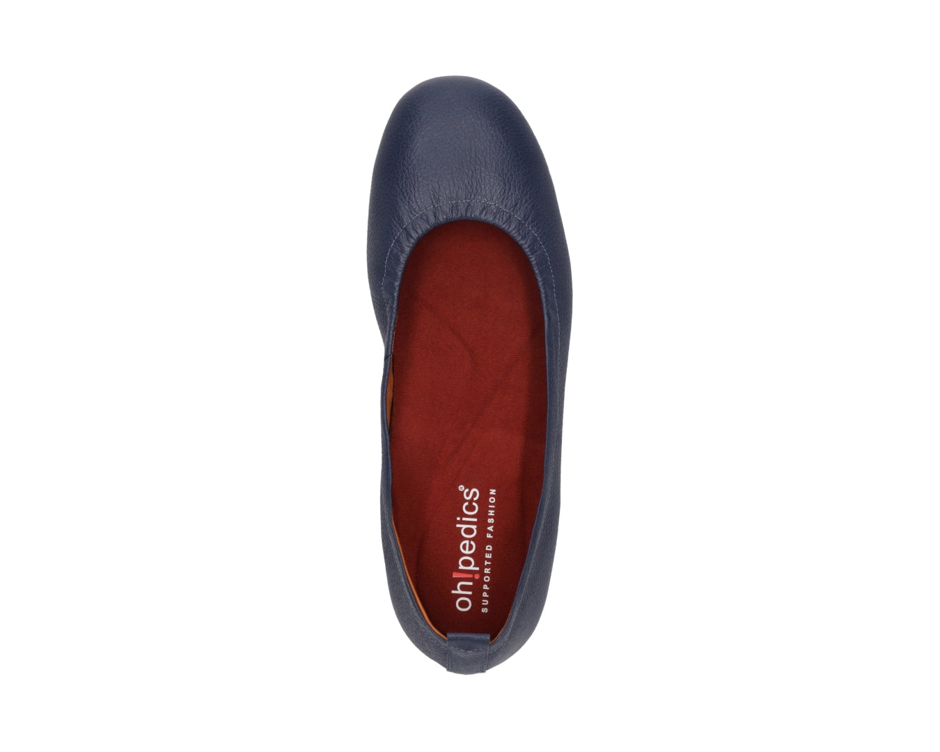 Top view of navy full-grain leather ballet flats with a semi-round toe and RED ArchSupport orthotic for flat feet, calcaneal spurs, and plantar fasciitis.