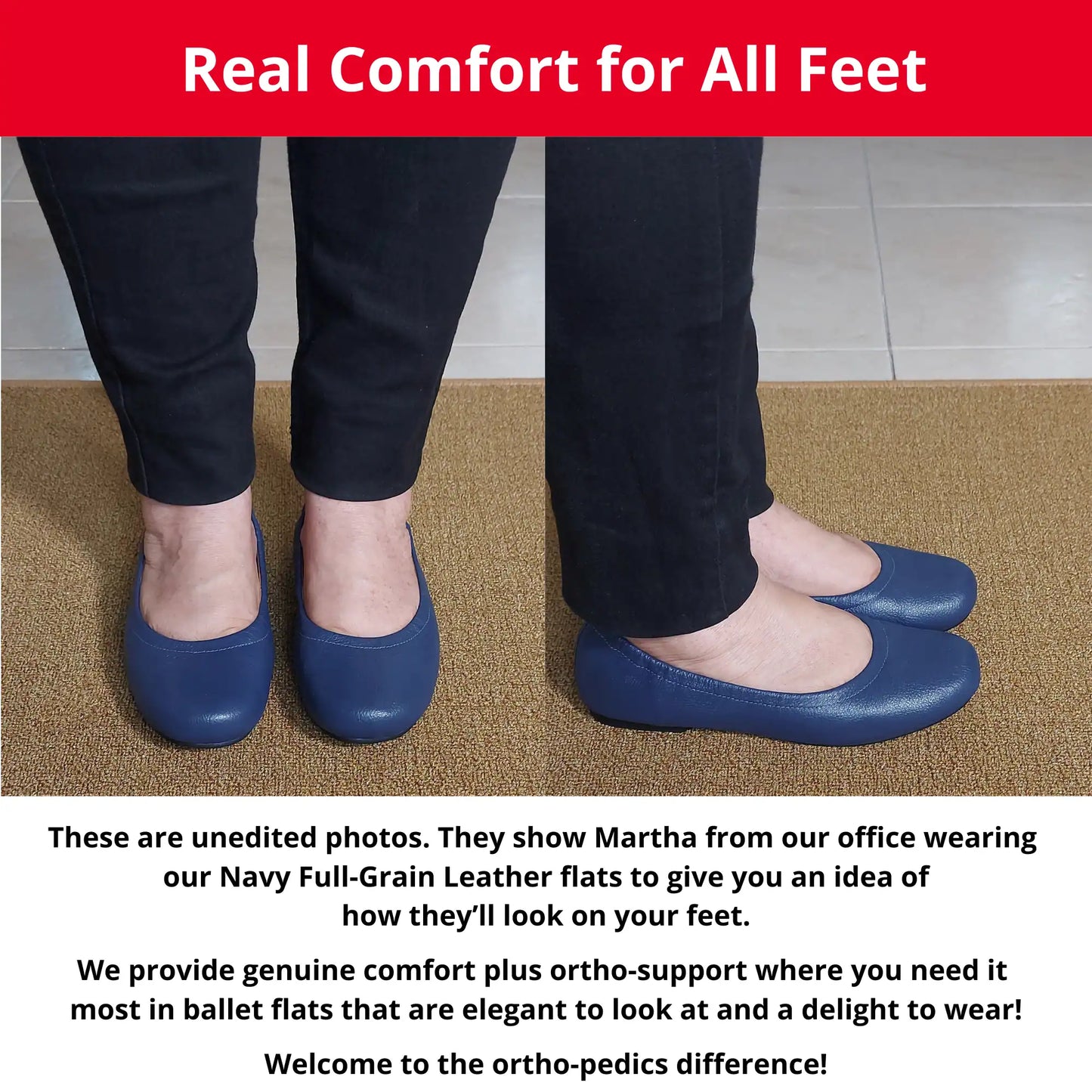 Martha from our office wearing Navy Full Grain leather orthopedic ballet flats, showing a front and side view. The image also includes descriptive text highlighting the genuine comfort, ortho-support, and elegant style of these flats.
